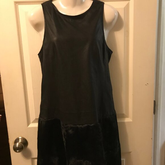 $995 THEORY BLACK LEATHER GOAT FUR SHIFT DRESS SIZE 6 Effiaria - Picture 1 of 6